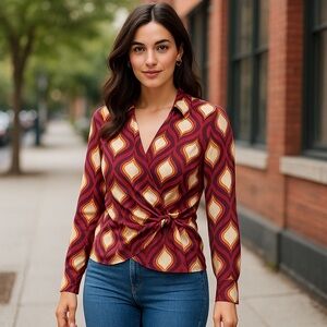 NWT Cupcakes & Cashmere Retro Geo Print Faux Wrap Blouse XS